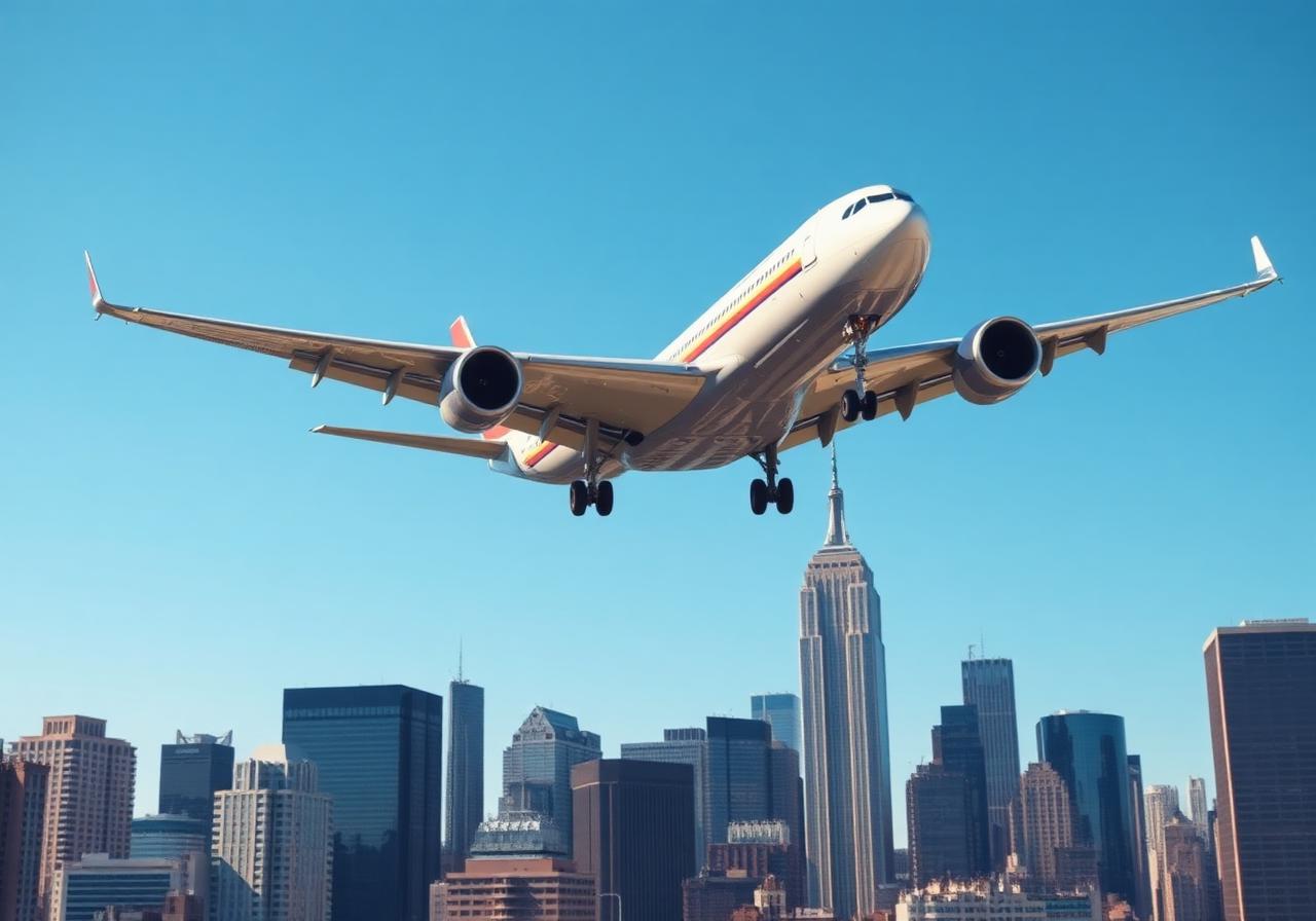 Airplane flying over New York City skyline